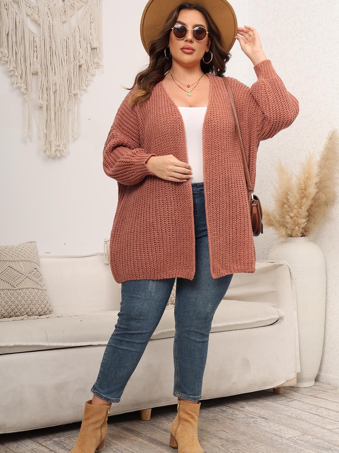Plus Size Open Front Dropped Shoulder Knit Cardigan Carauana Store