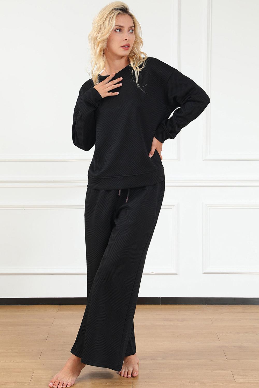 Double Take Full Size Textured Long Sleeve Top and Drawstring Pants Set Carauana Store
