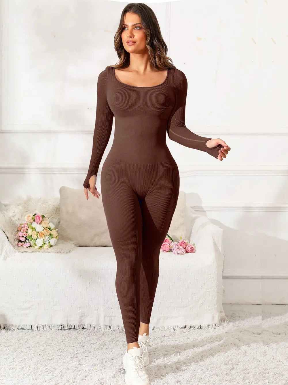 Scoop Neck Long Sleeve Active Jumpsuit Carauana Store
