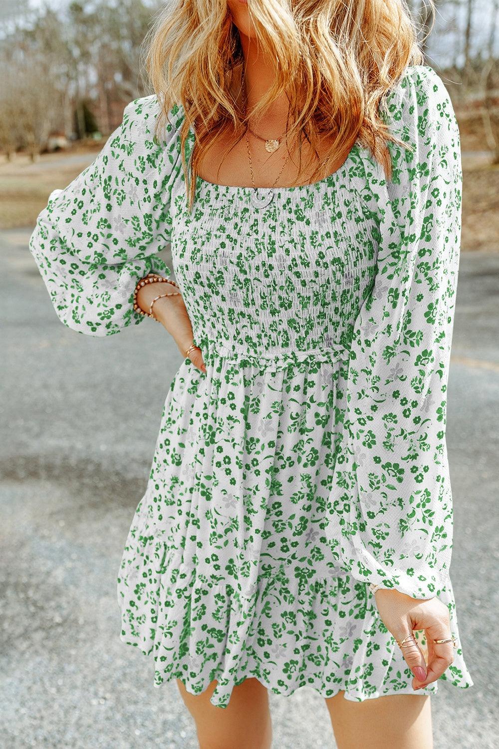 Smocked Floral Square Neck Balloon Sleeve Dress Carauana Store