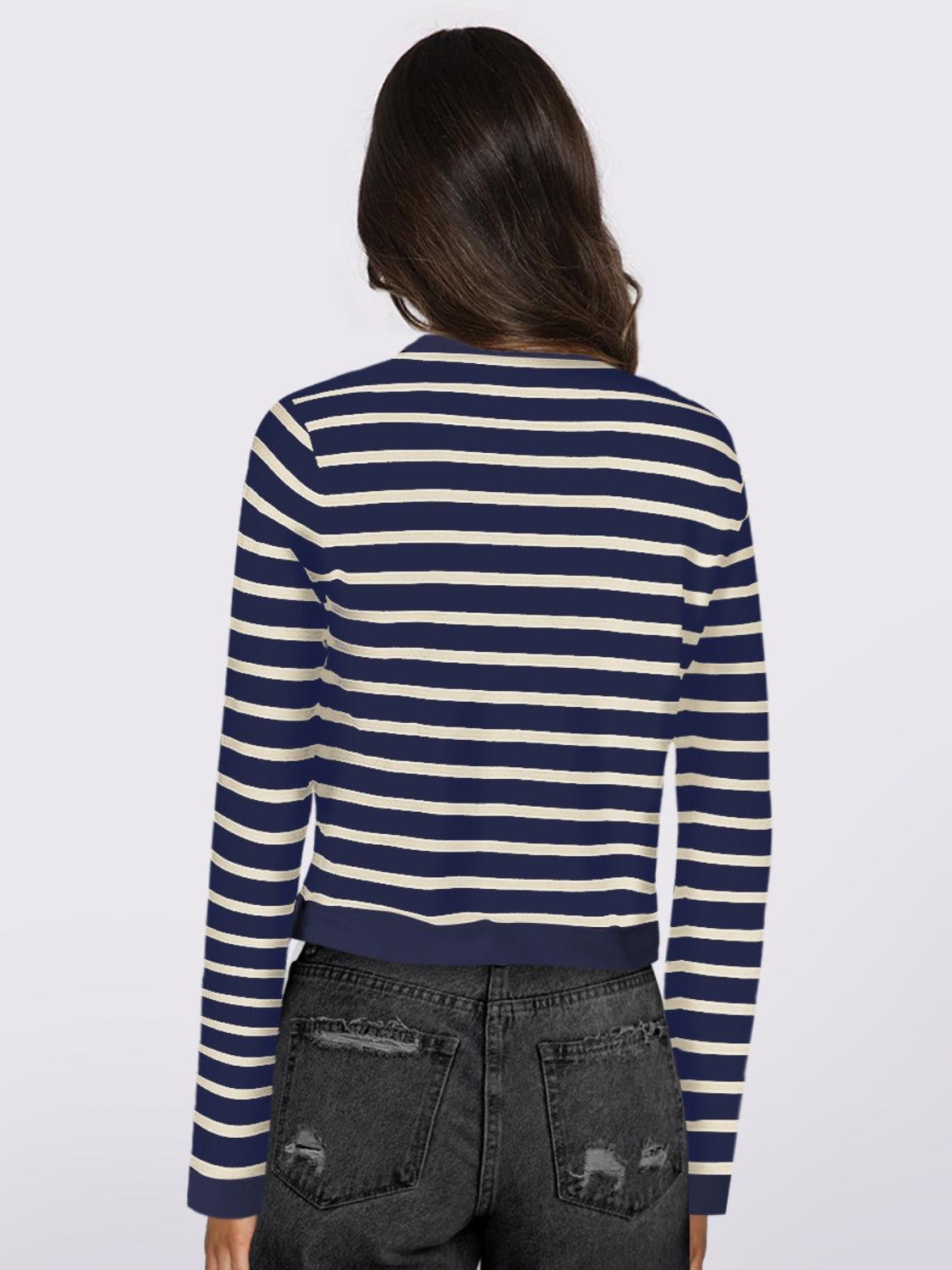 Striped Round Neck Button Up Long Sleeve Cardigan Carauana Store