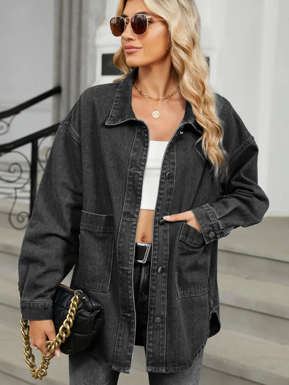 Removable Hood Button Up Long Sleeve Denim Jacket Carauana Store