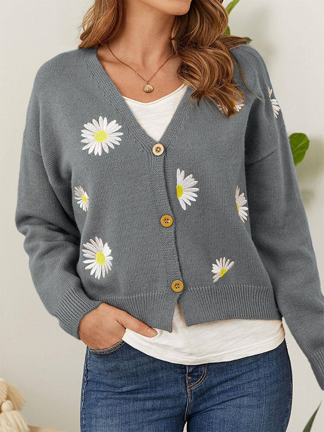 Flower Button Front Dropped Shoulder Cardigan Carauana Store