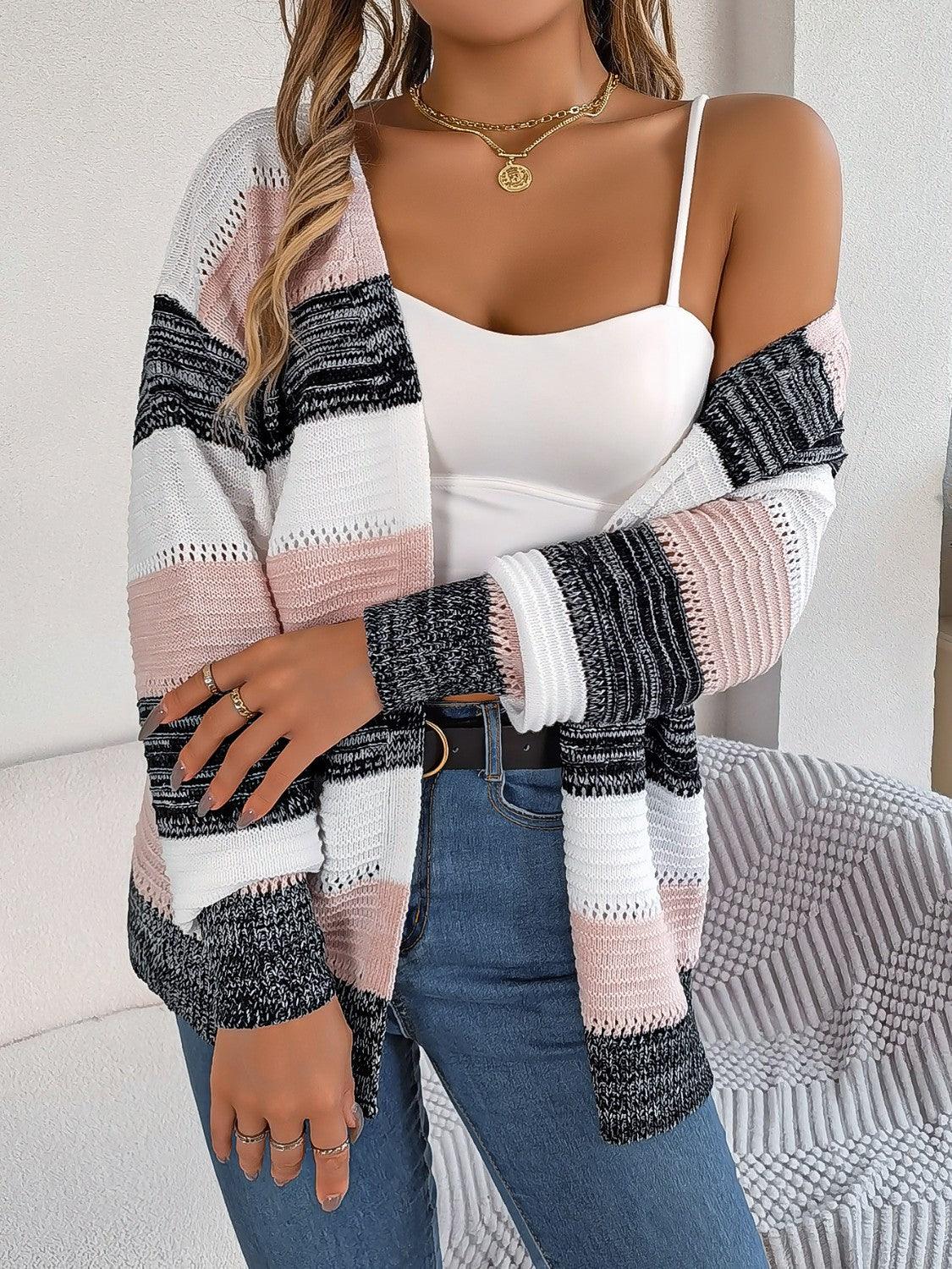 Openwork Striped Open Front Cardigan Carauana Store