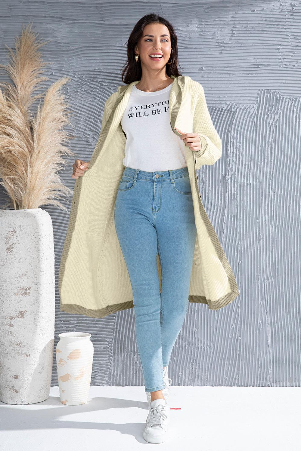 Button Up Contrast Trim Hooded Cardigan Carauana Store