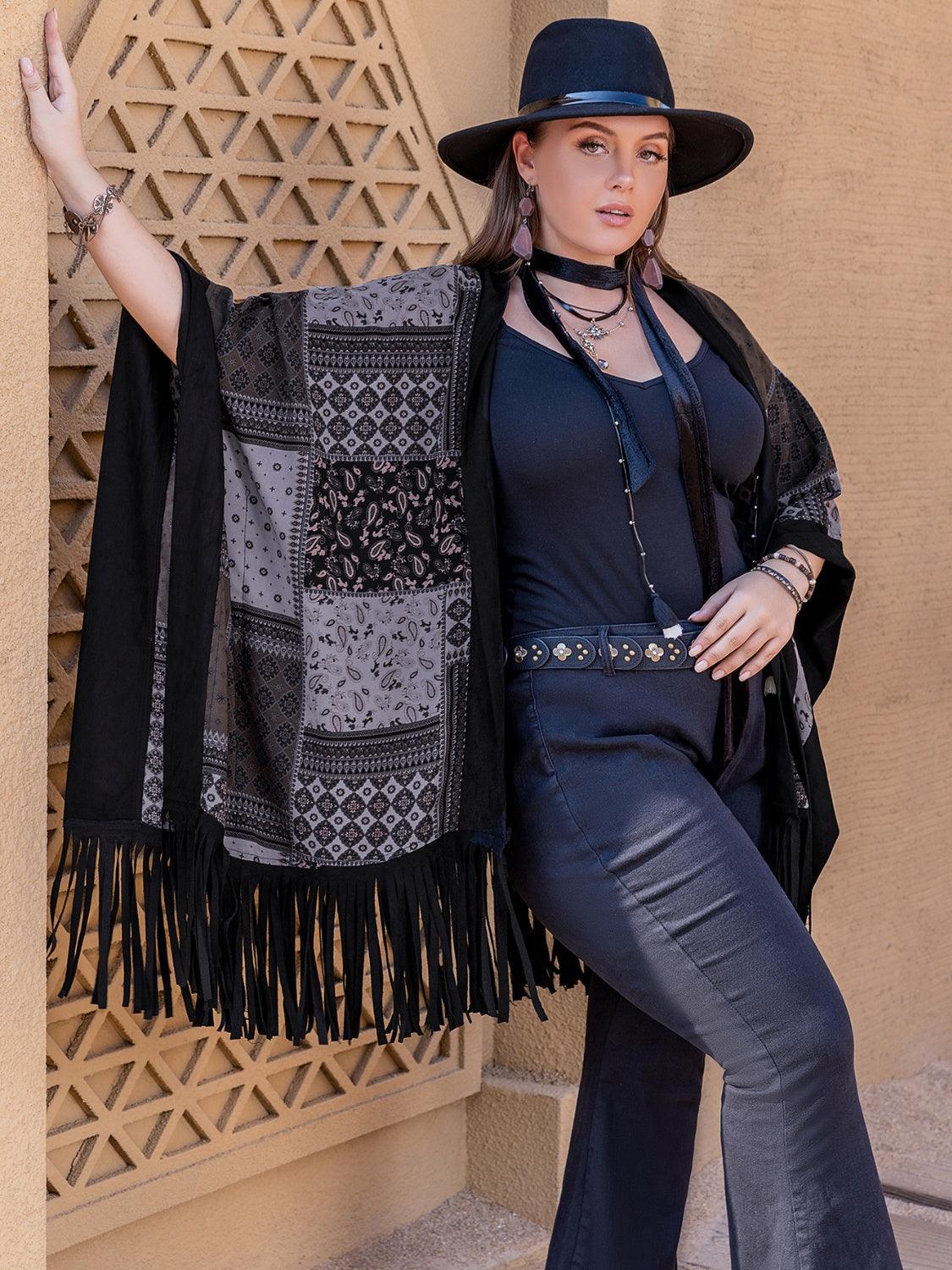 Plus Size Printed Fringe Open Front Outerwear Carauana Store