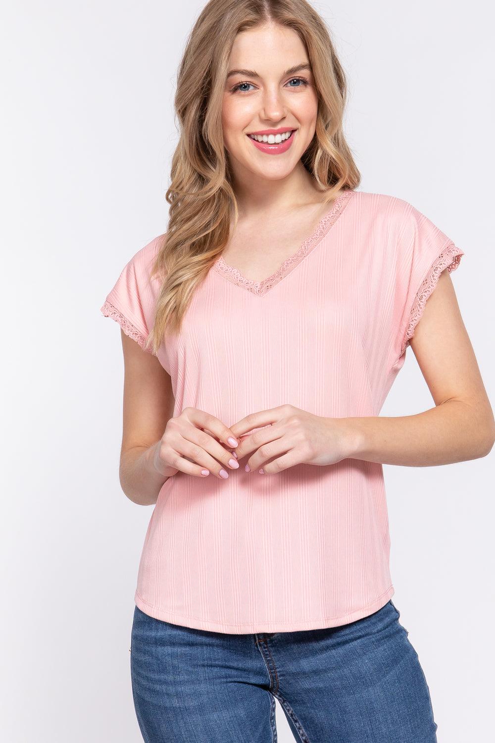 ACTIVE BASIC Lace Trim V-Neck Short Sleeve Ribbed Top Carauana Store