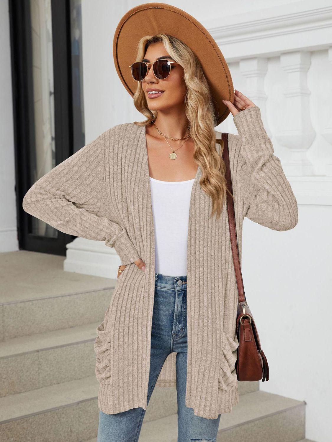 Pocketed Open Front Long Sleeve Cardigan Carauana Store