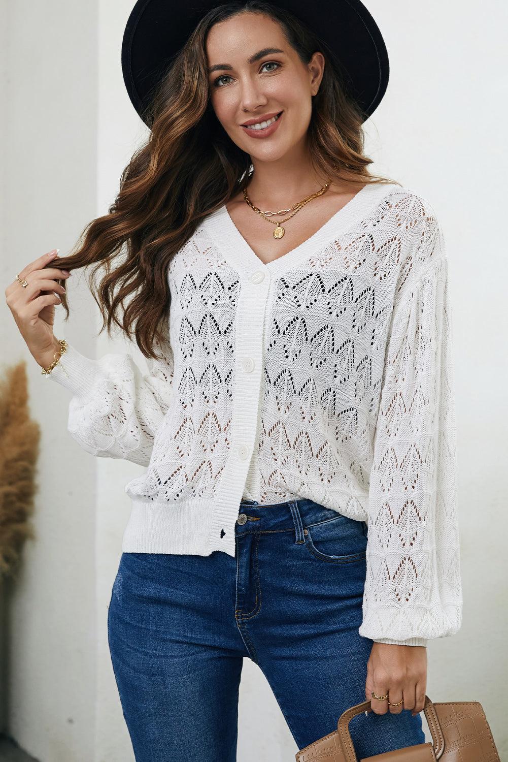 Openwork V-Neck Cardigan Carauana Store