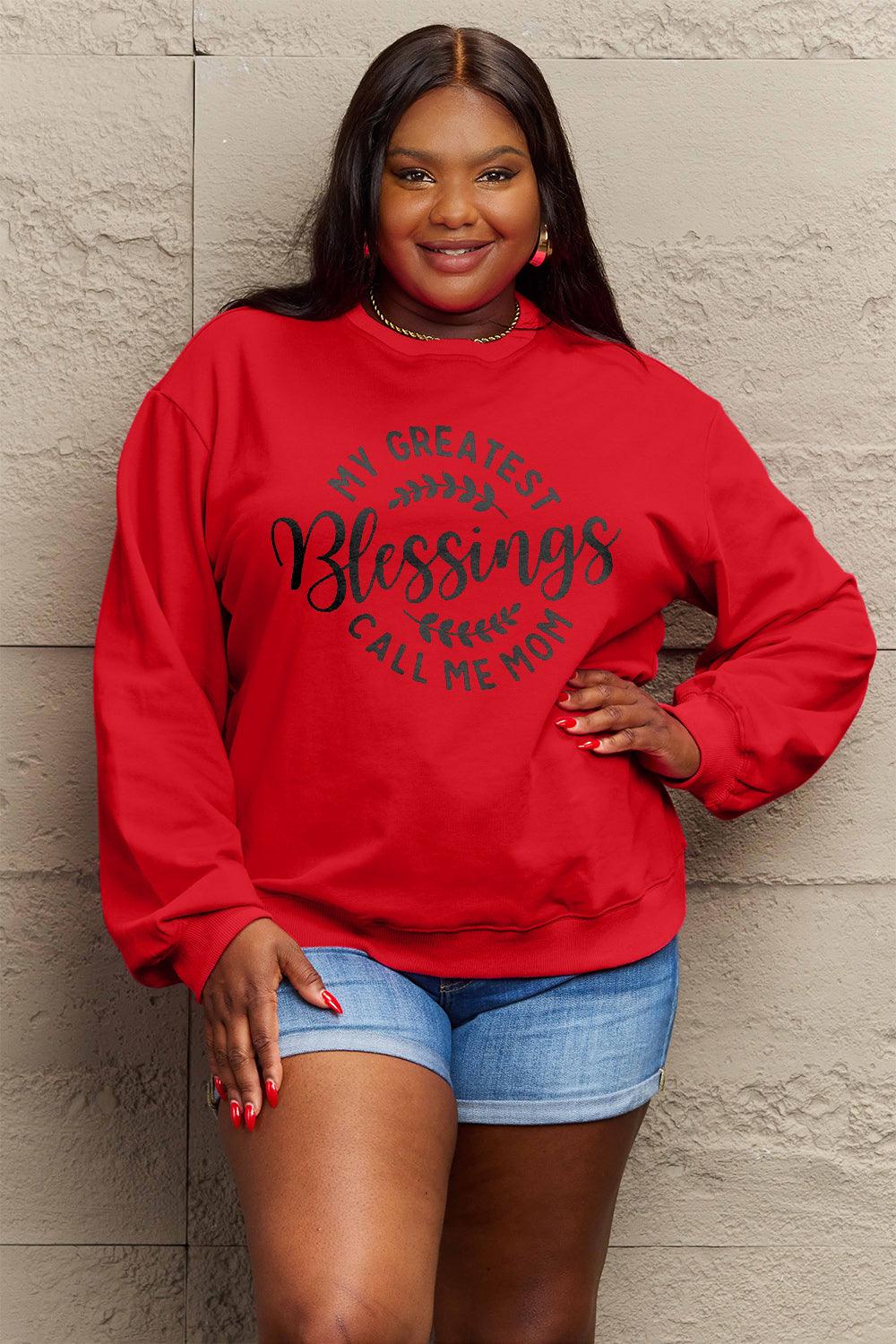 Simply Love Full Size MY GREATEST BLESSINGS CALL ME MOM Round Neck Sweatshirt Carauana Store
