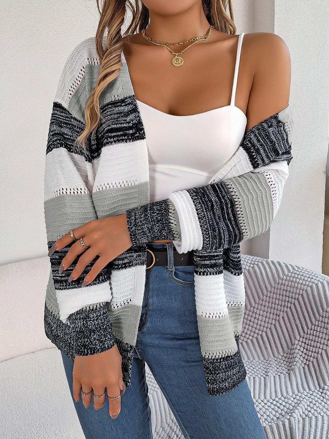 Openwork Striped Open Front Cardigan Carauana Store