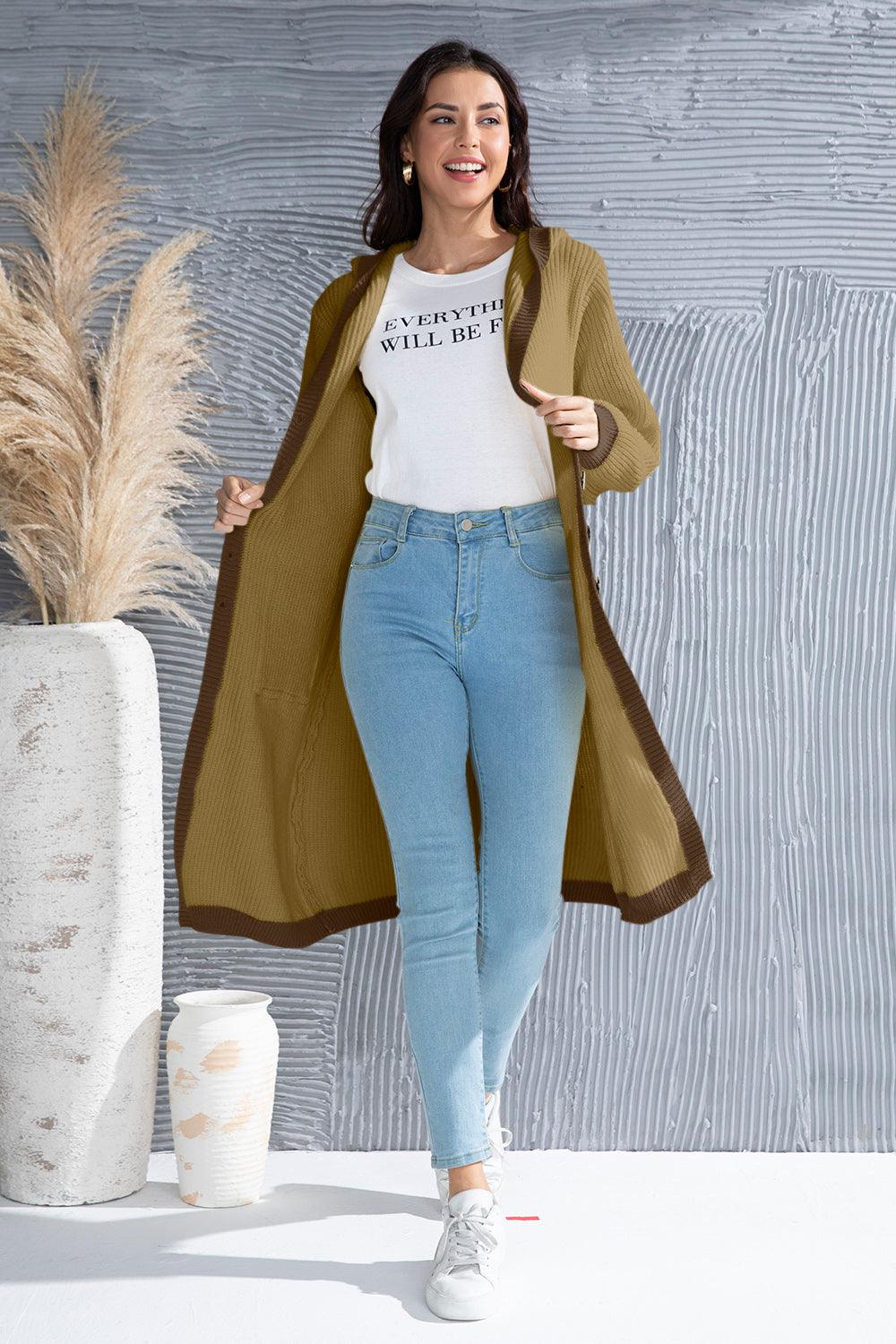 Button Up Contrast Trim Hooded Cardigan Carauana Store