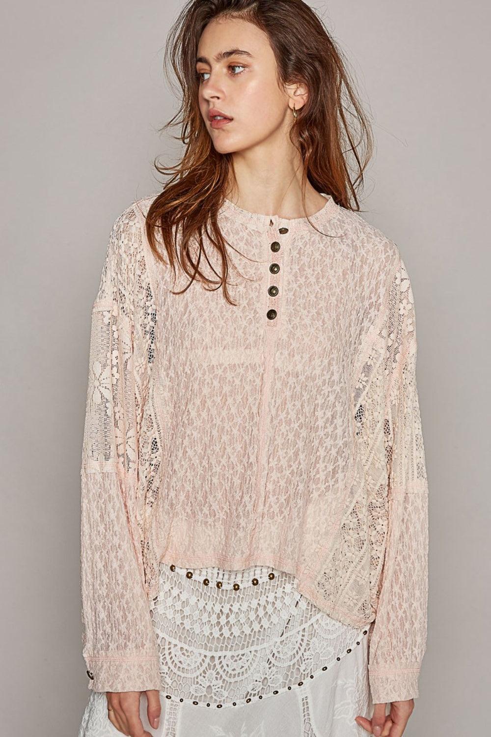 POL Round Neck Long Sleeve Raw Edge Lace Top Carauana Store