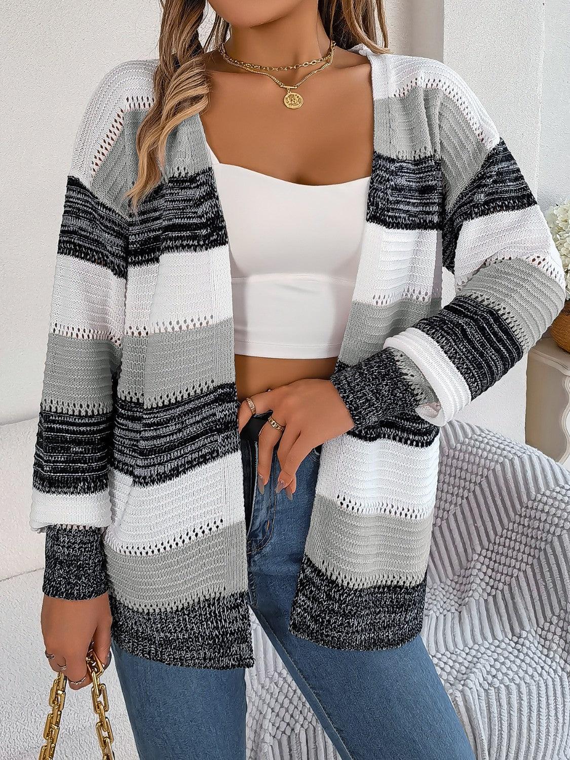Openwork Striped Open Front Cardigan Carauana Store