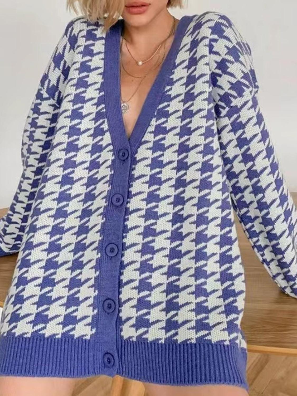 Houndstooth Button Up Long Sleeve Cardigan Carauana Store