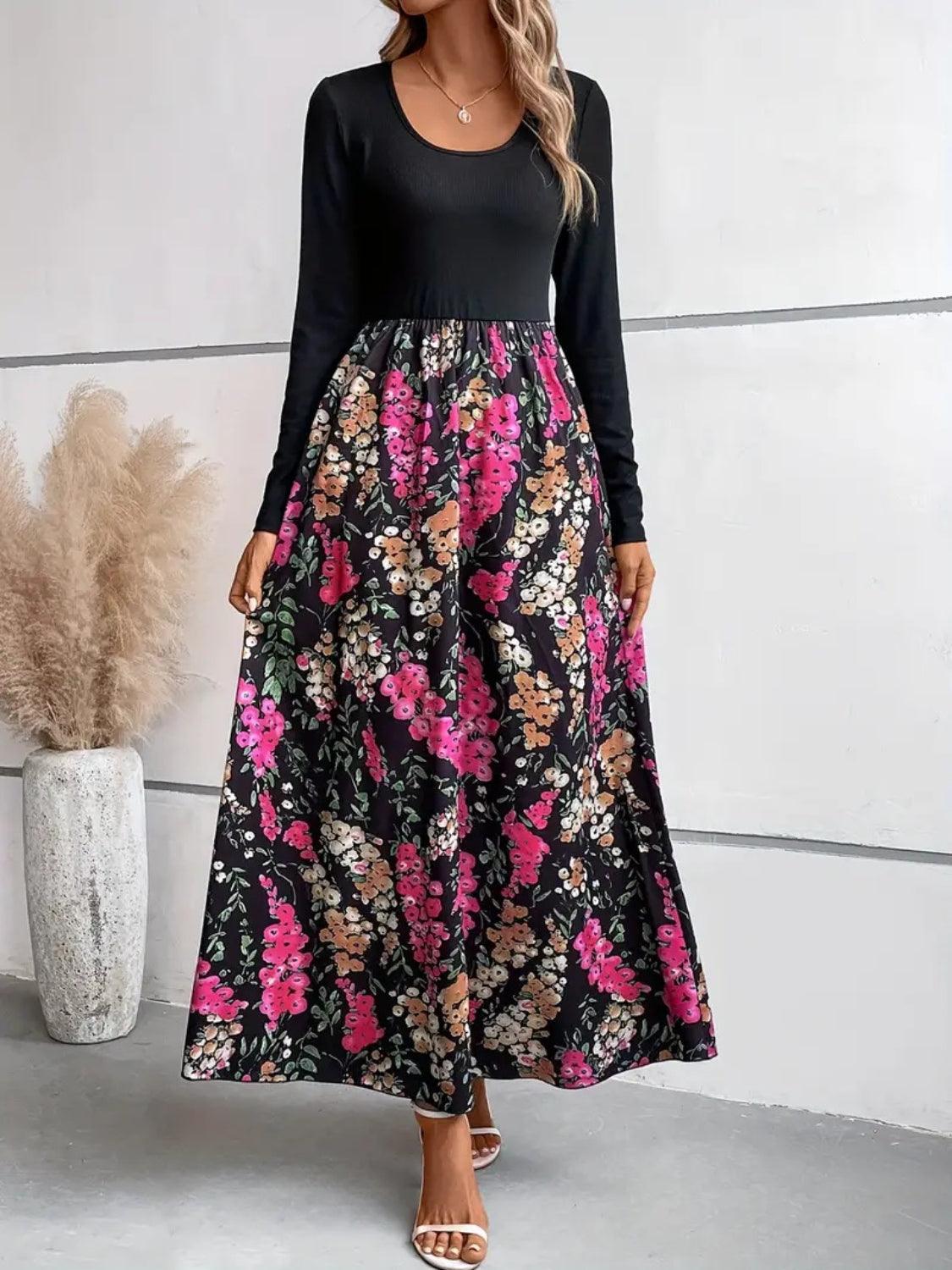 Floral Round Neck Long Sleeve Maxi Dress Carauana Store