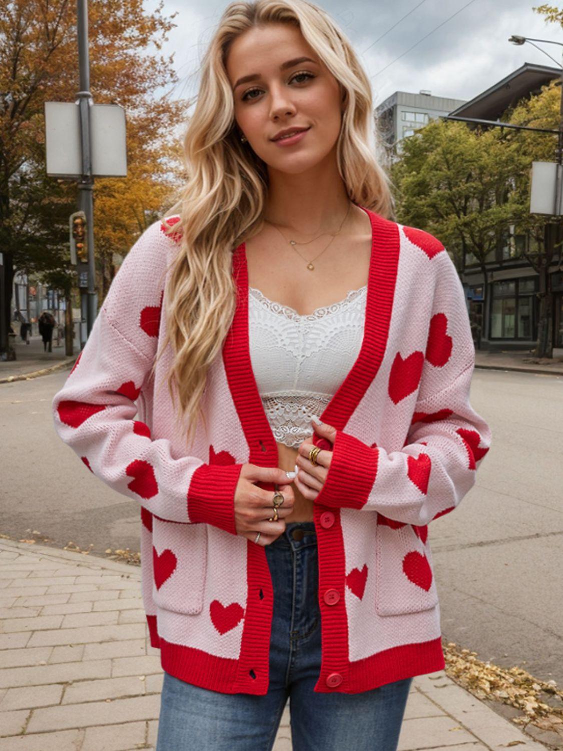 Heart Button Up Dropped Shoulder Long Sleeve Cardigan Carauana Store