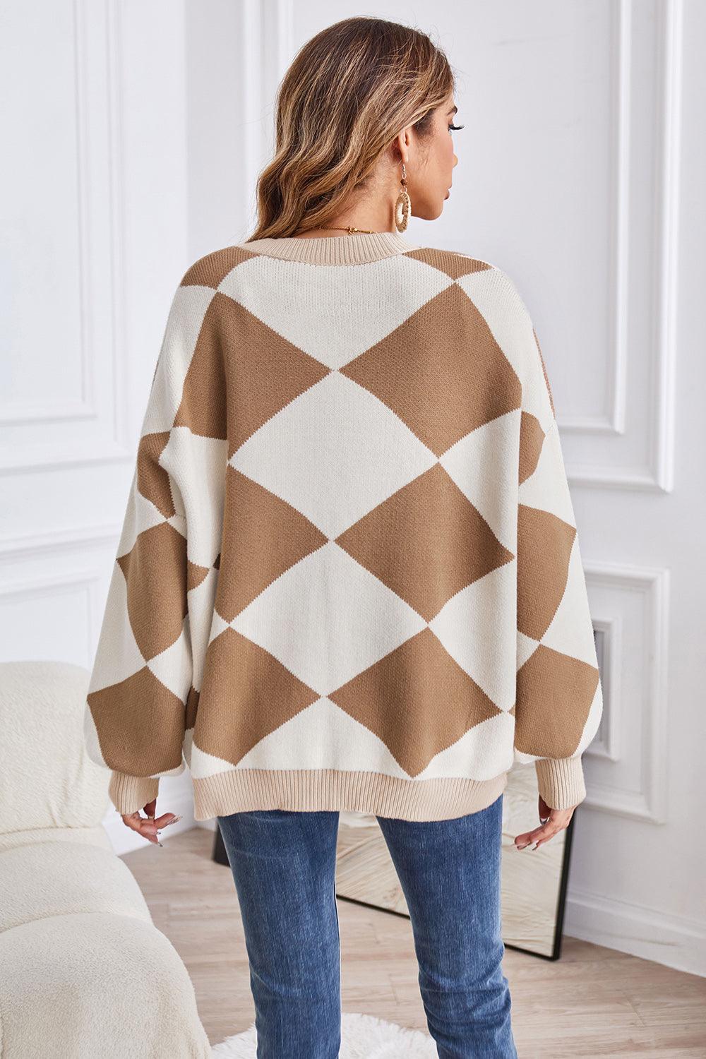 Geometric Lantern Sleeve Cardigan with Pockets Carauana Store