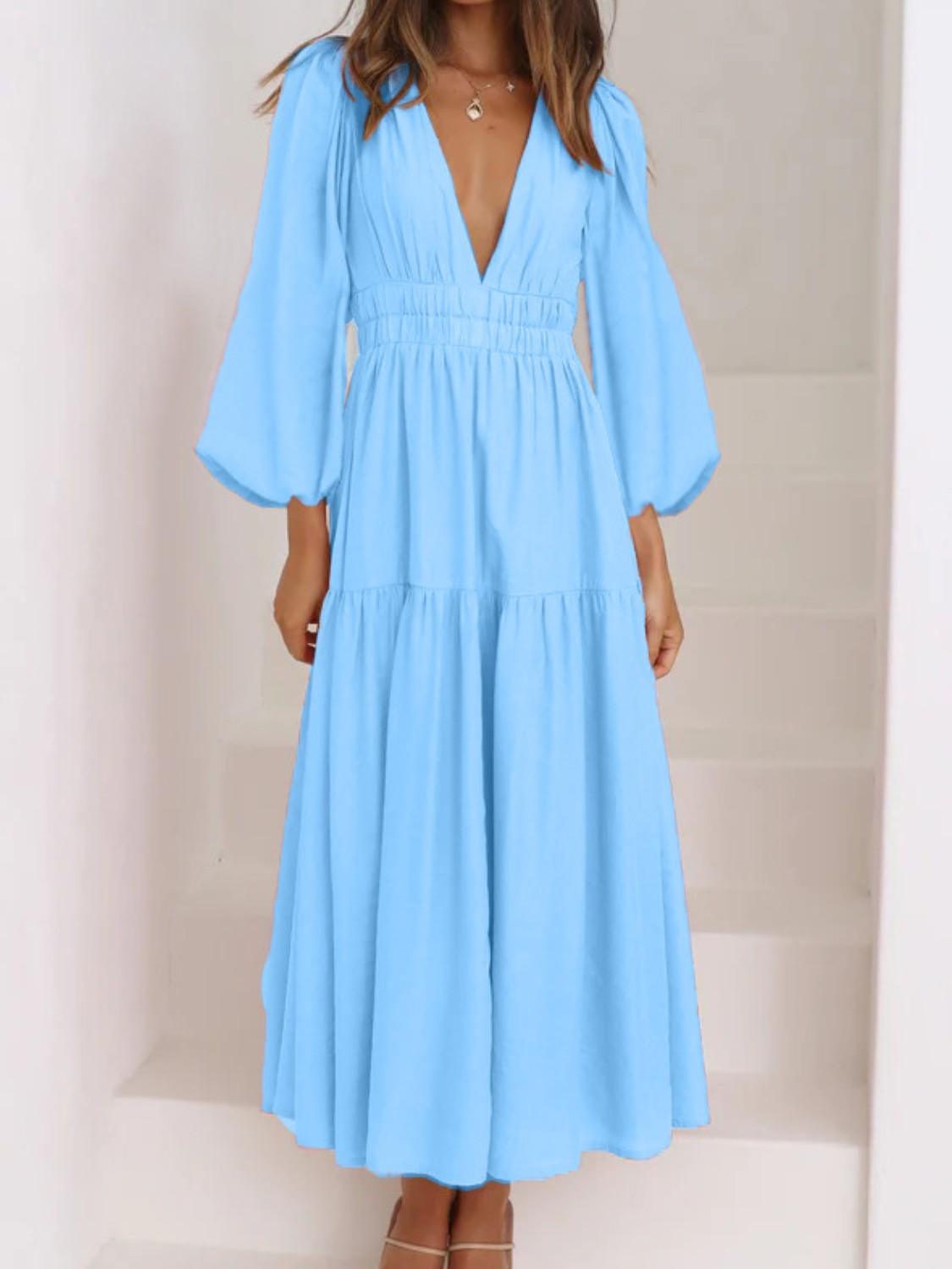 Deep V-Neck Balloon Sleeve Plain Maxi Dress Carauana Store