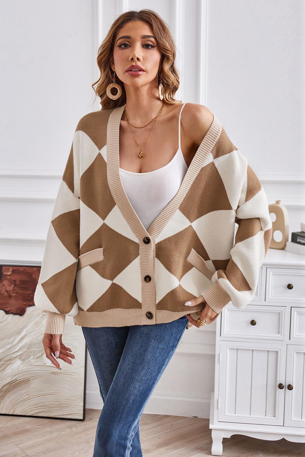 Geometric Lantern Sleeve Cardigan with Pockets Carauana Store