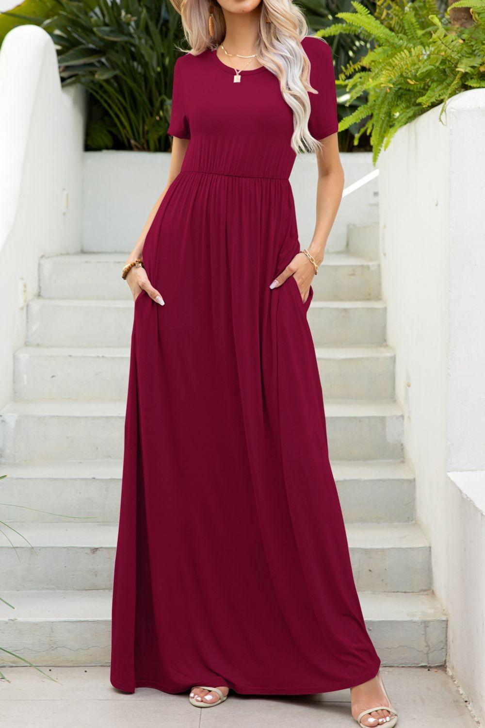 Round Neck Maxi Tee Dress with Pockets Carauana Store