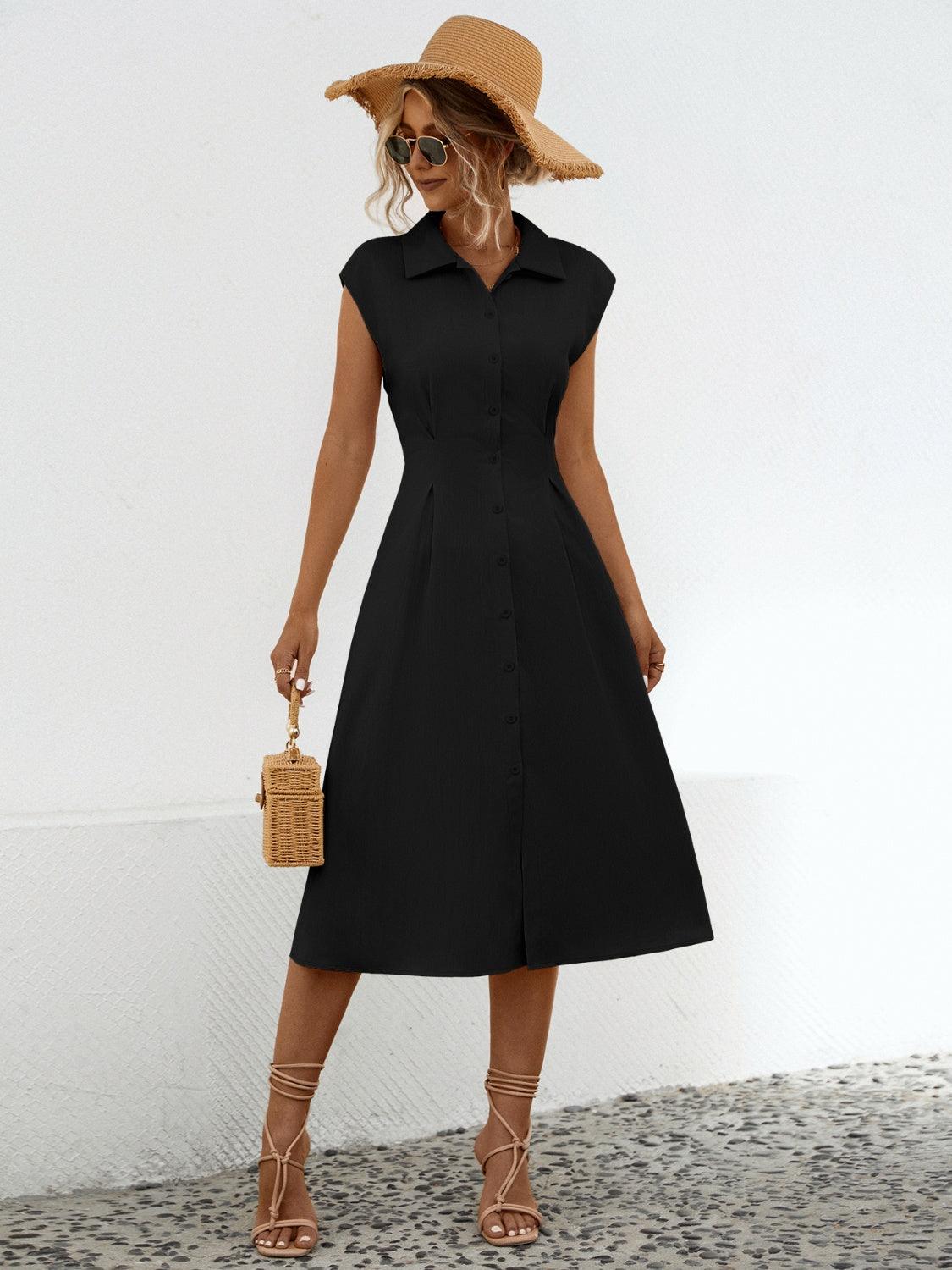Button Up Cap Sleeve Midi Dress Carauana Store