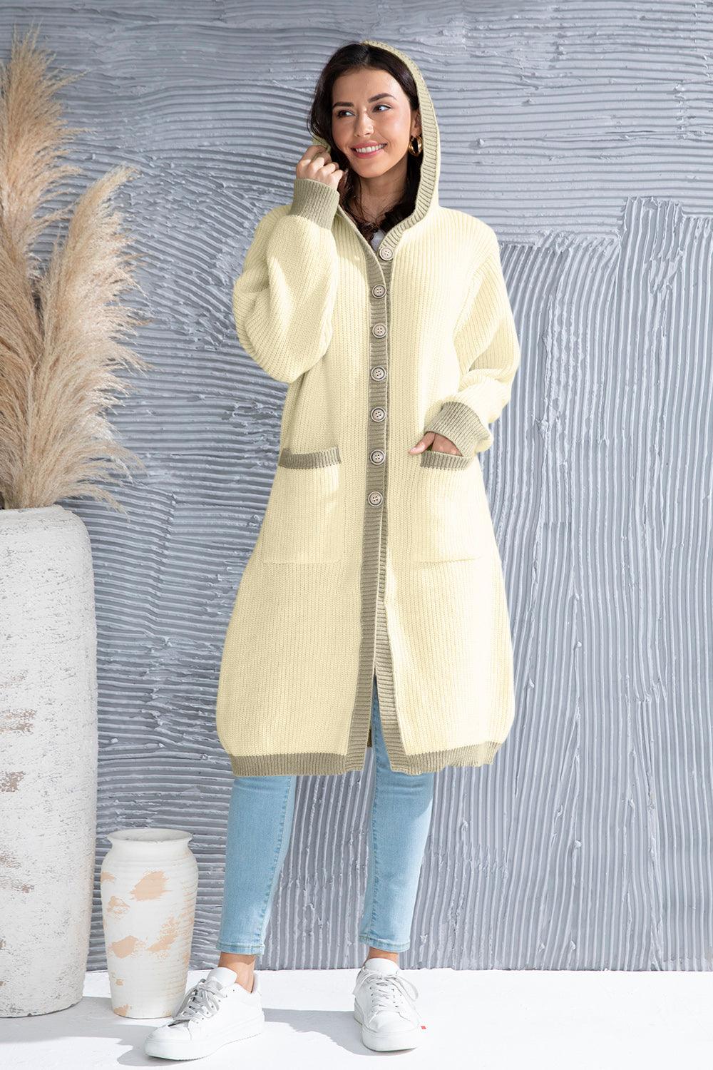 Button Up Contrast Trim Hooded Cardigan Carauana Store