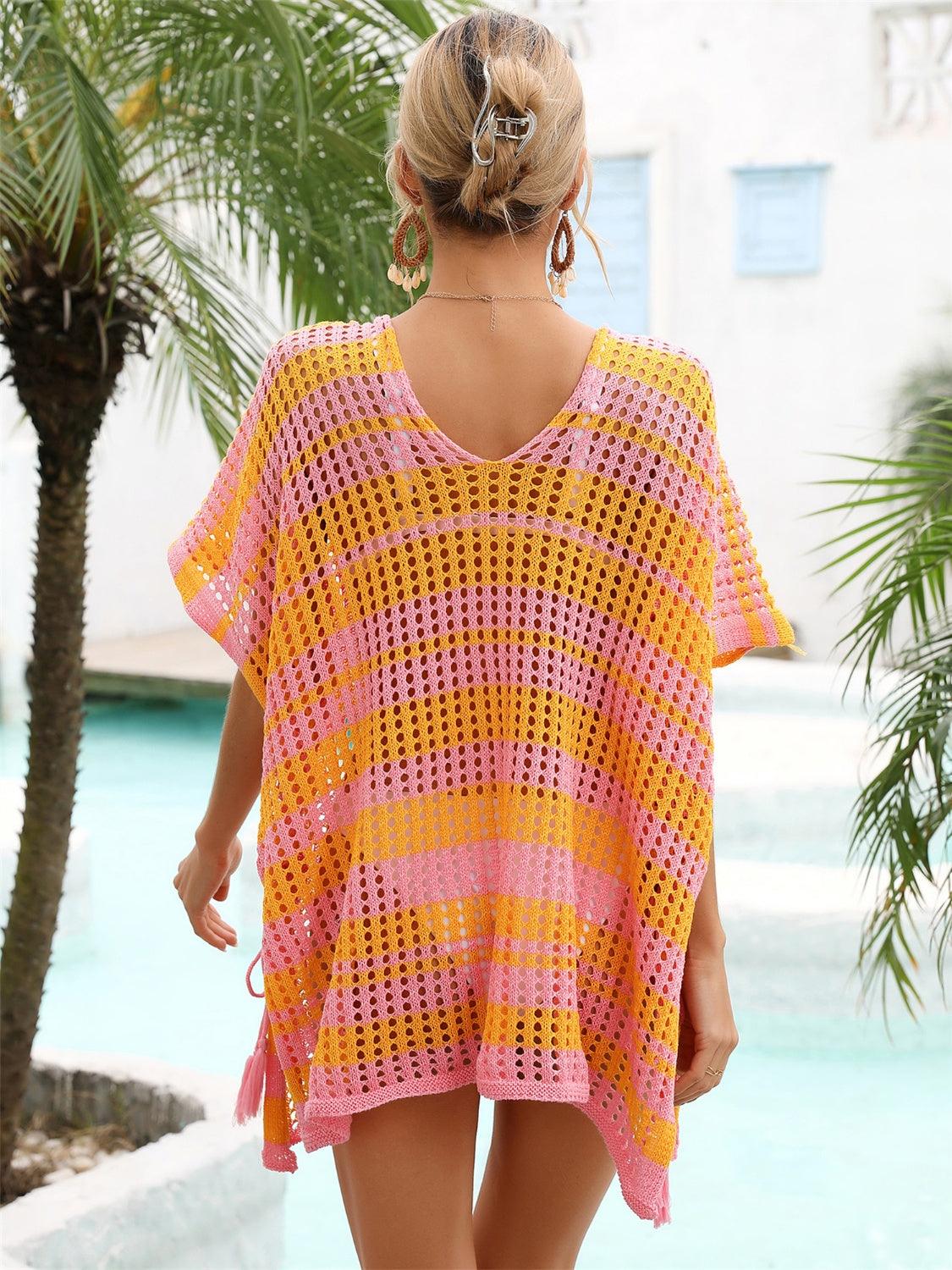 Tassel Openwork Striped V-Neck Cover Up Carauana Store