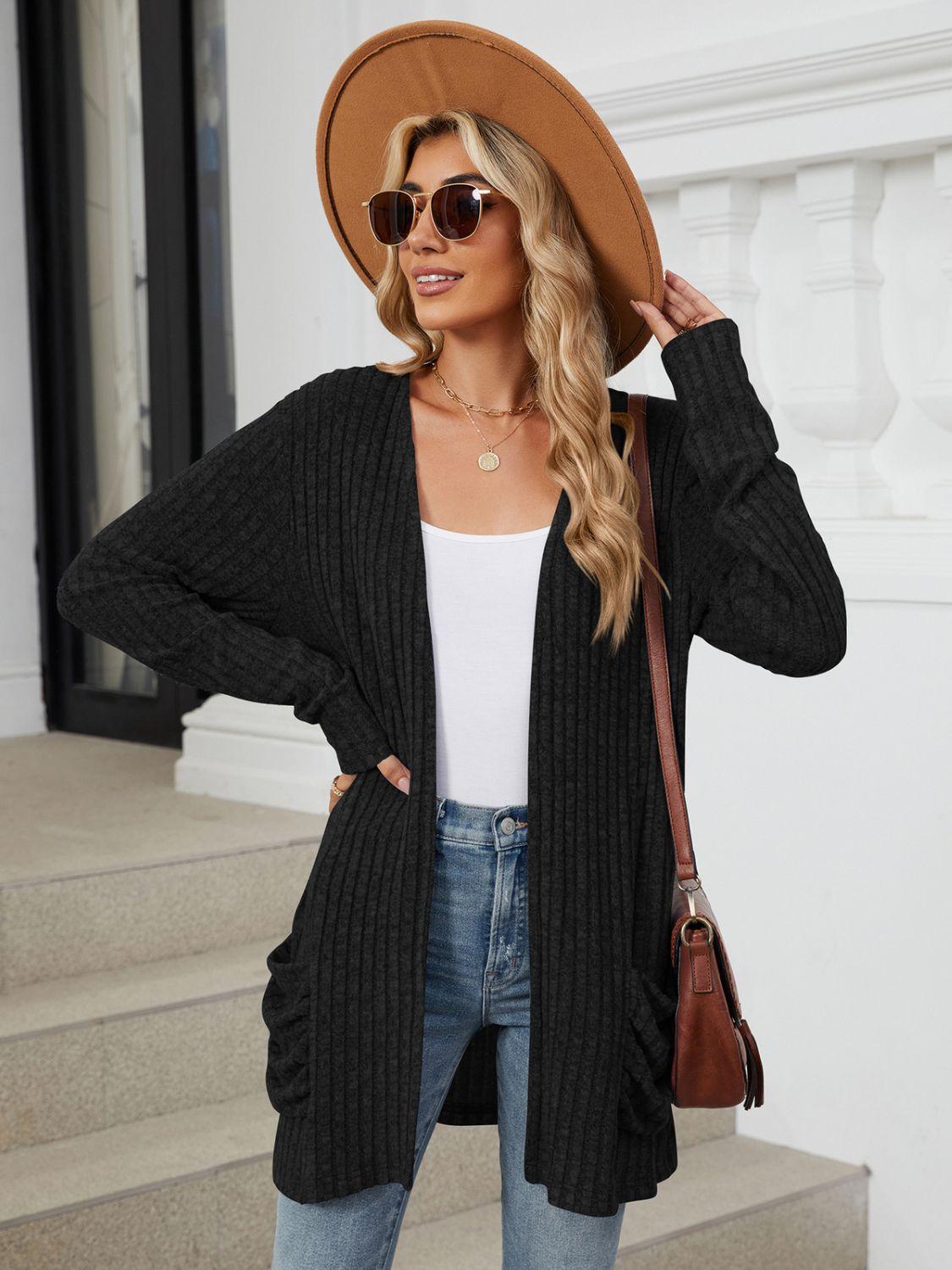 Pocketed Open Front Long Sleeve Cardigan Carauana Store