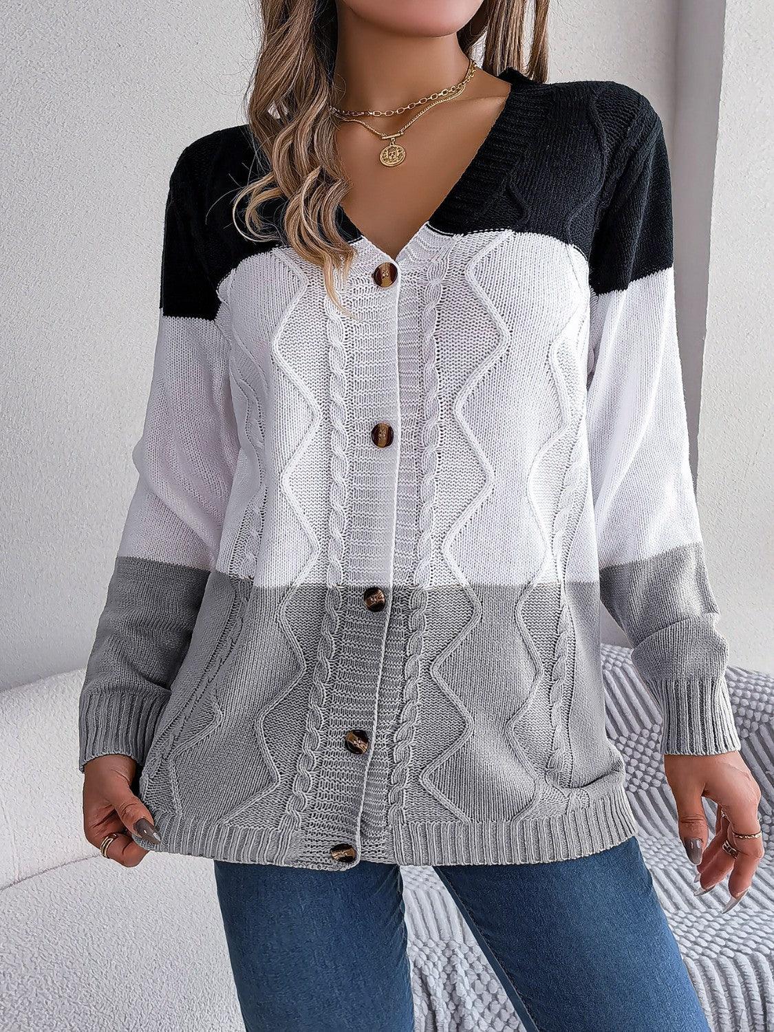 Cable-Knit Striped Button Up Cardigan Carauana Store