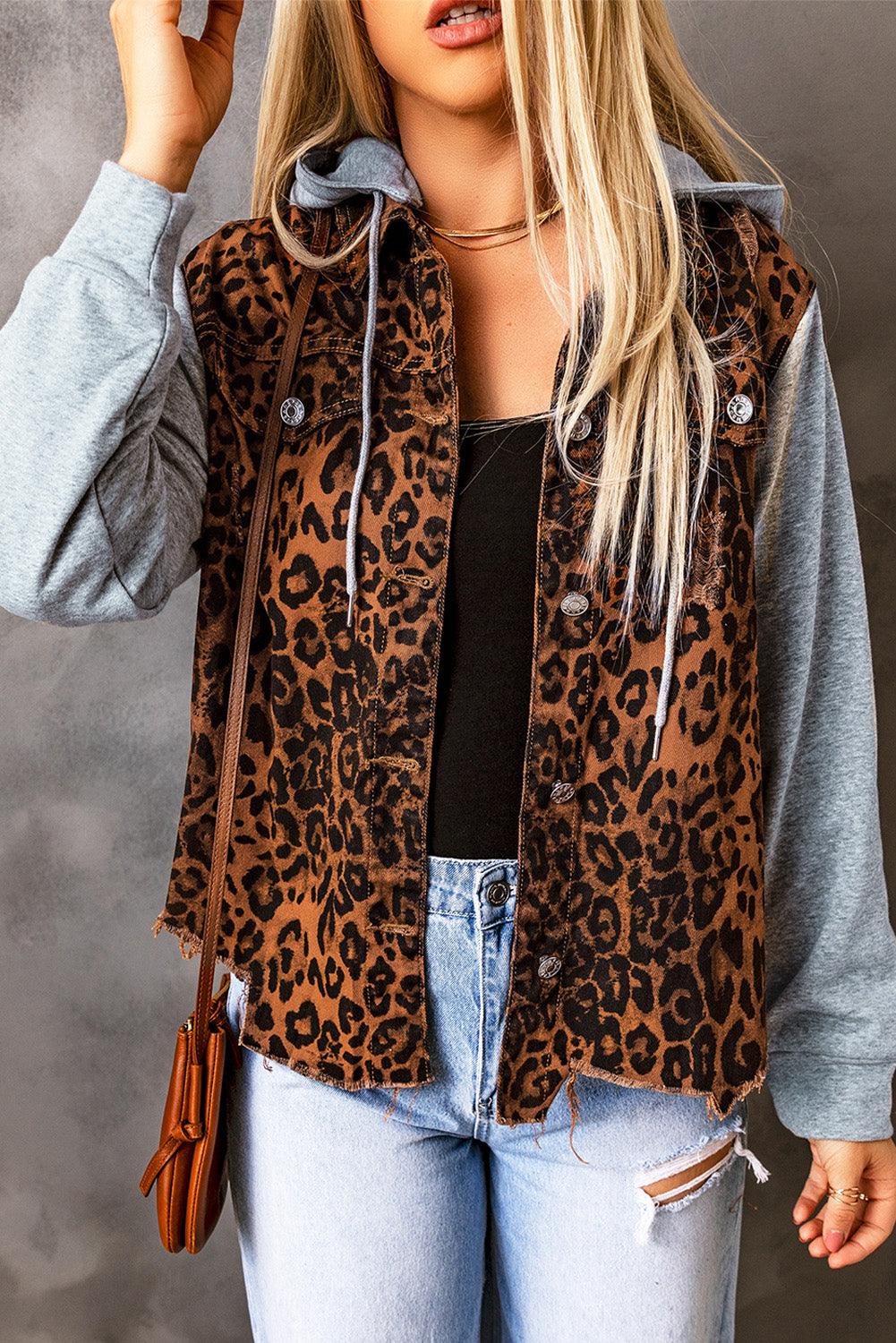 Leopard Distressed Drawstring Hooded Denim Jacket Carauana Store