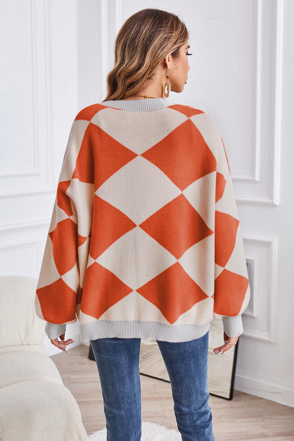 Geometric Lantern Sleeve Cardigan with Pockets Carauana Store