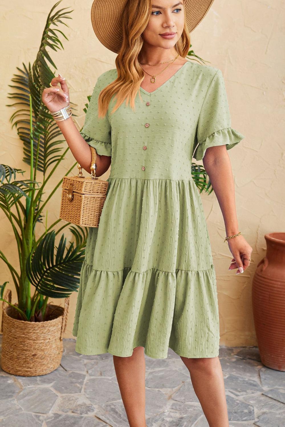 Swiss Dot Ruffled V-Neck Tiered Dress Carauana Store