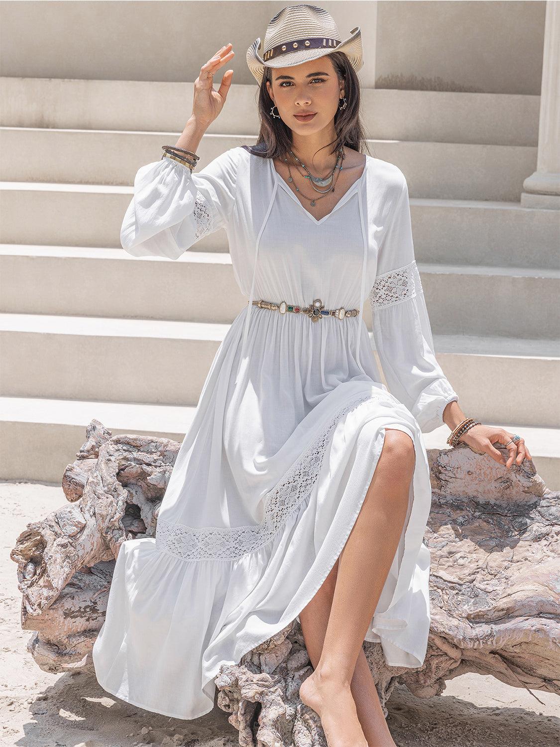 Tie Neck Balloon Sleeve Midi Dress Carauana Store