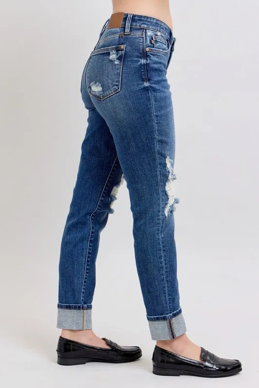 Judy Blue Full Size Mid Rise Boyfriend destroy Jeans with Yoke Pockets and Faux Selvedge Cuff Plus Size Carauana Store
