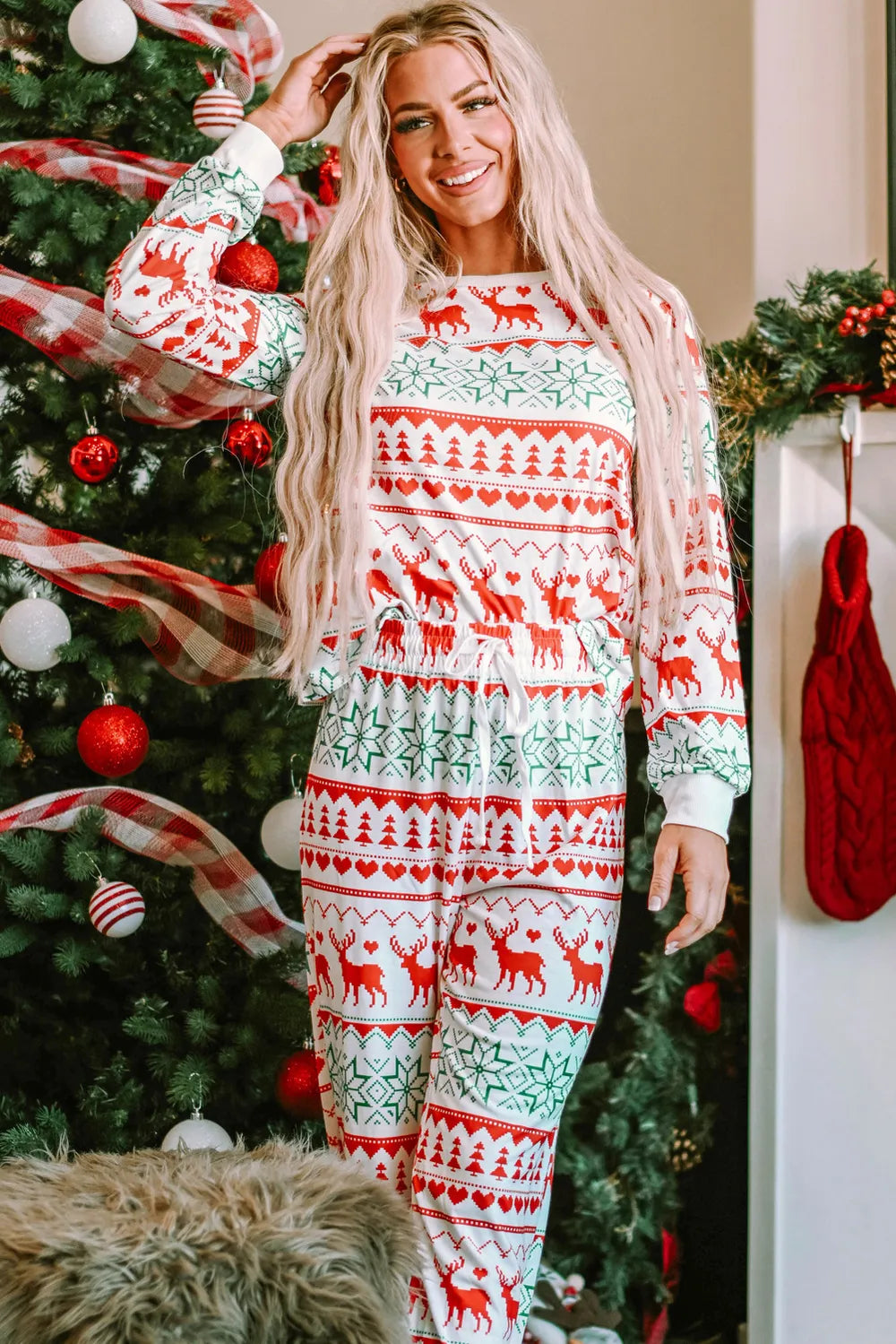 Christmas Element Round Neck Top and Pants Lounge Set Carauana Store