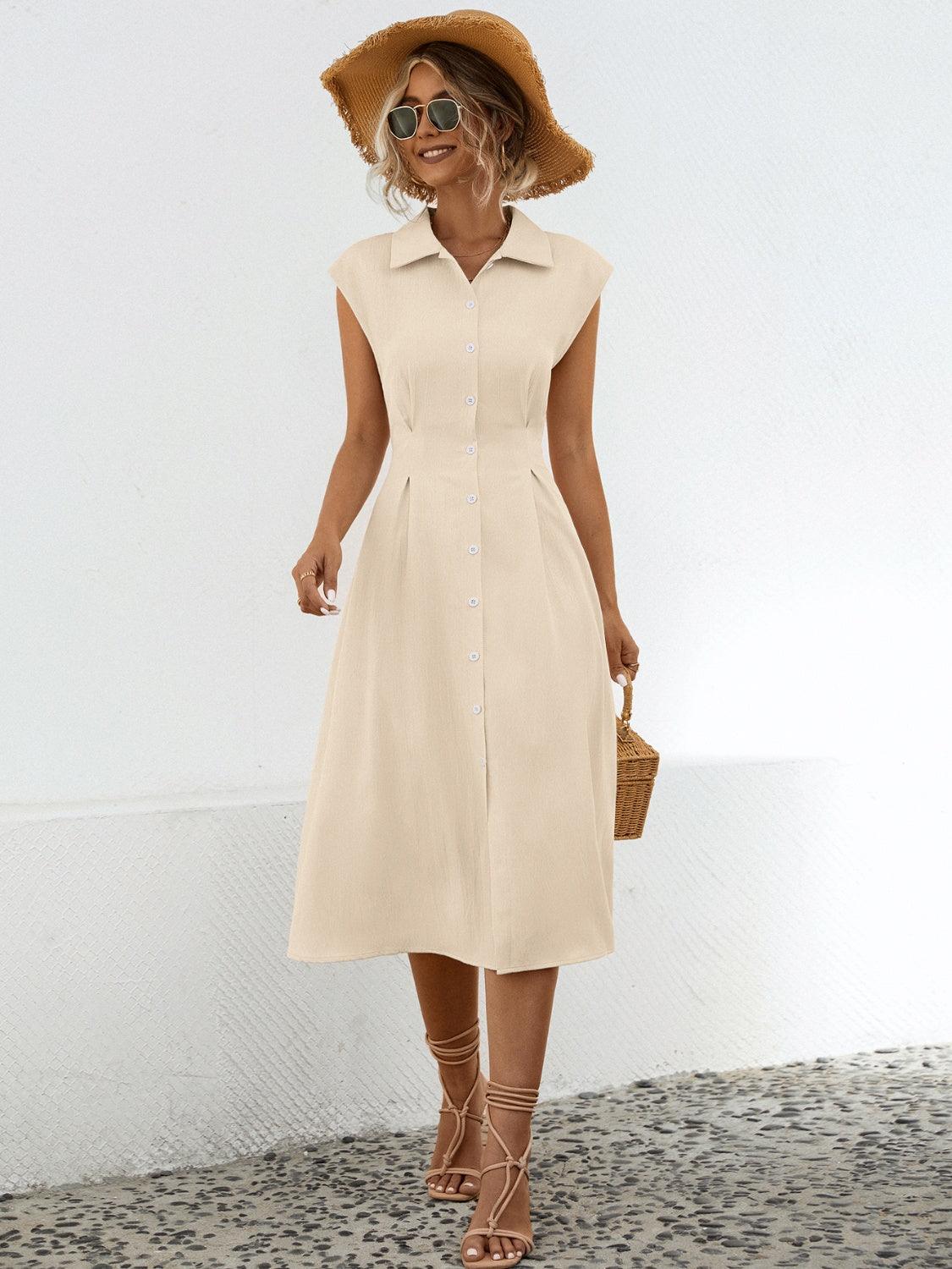 Button Up Cap Sleeve Midi Dress Carauana Store
