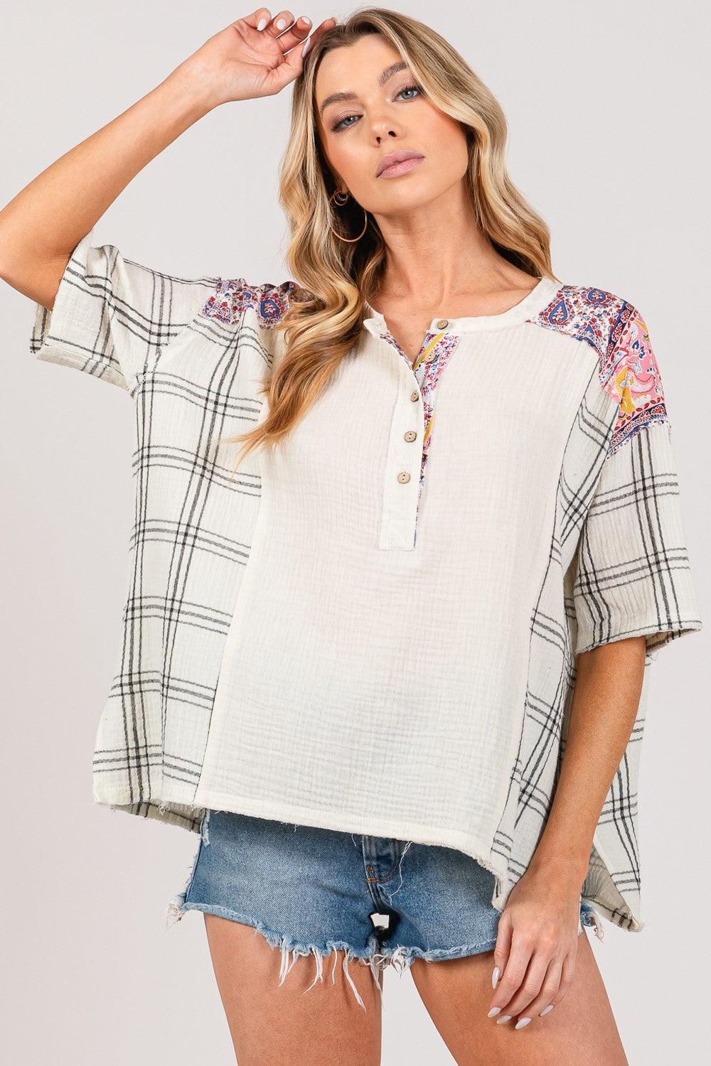 SAGE + FIG Plaid Half Button Gauze Top Carauana Store
