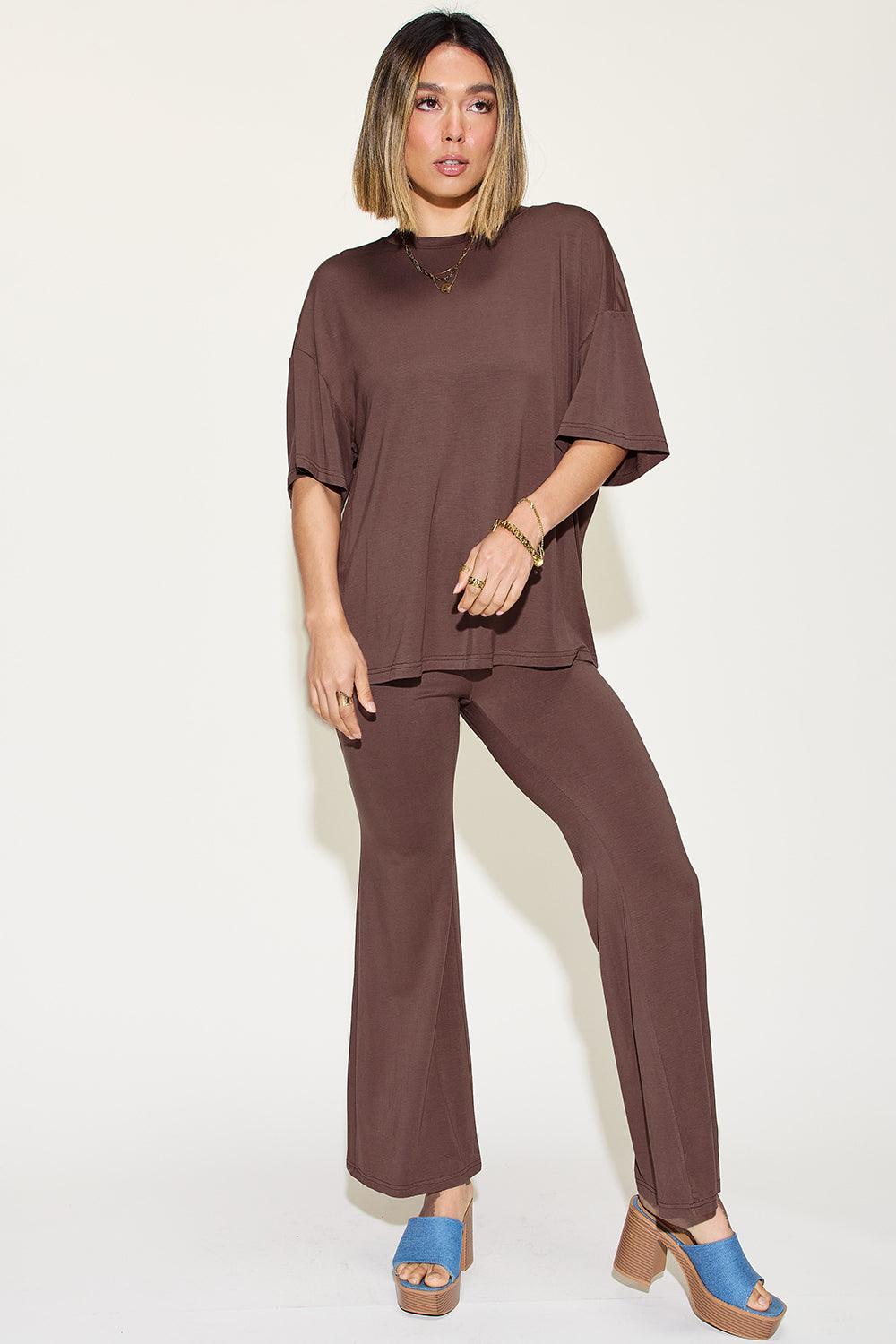 Basic Bae Full Size Bamboo Drop Shoulder T-Shirt and Flare Pants Set Carauana Store