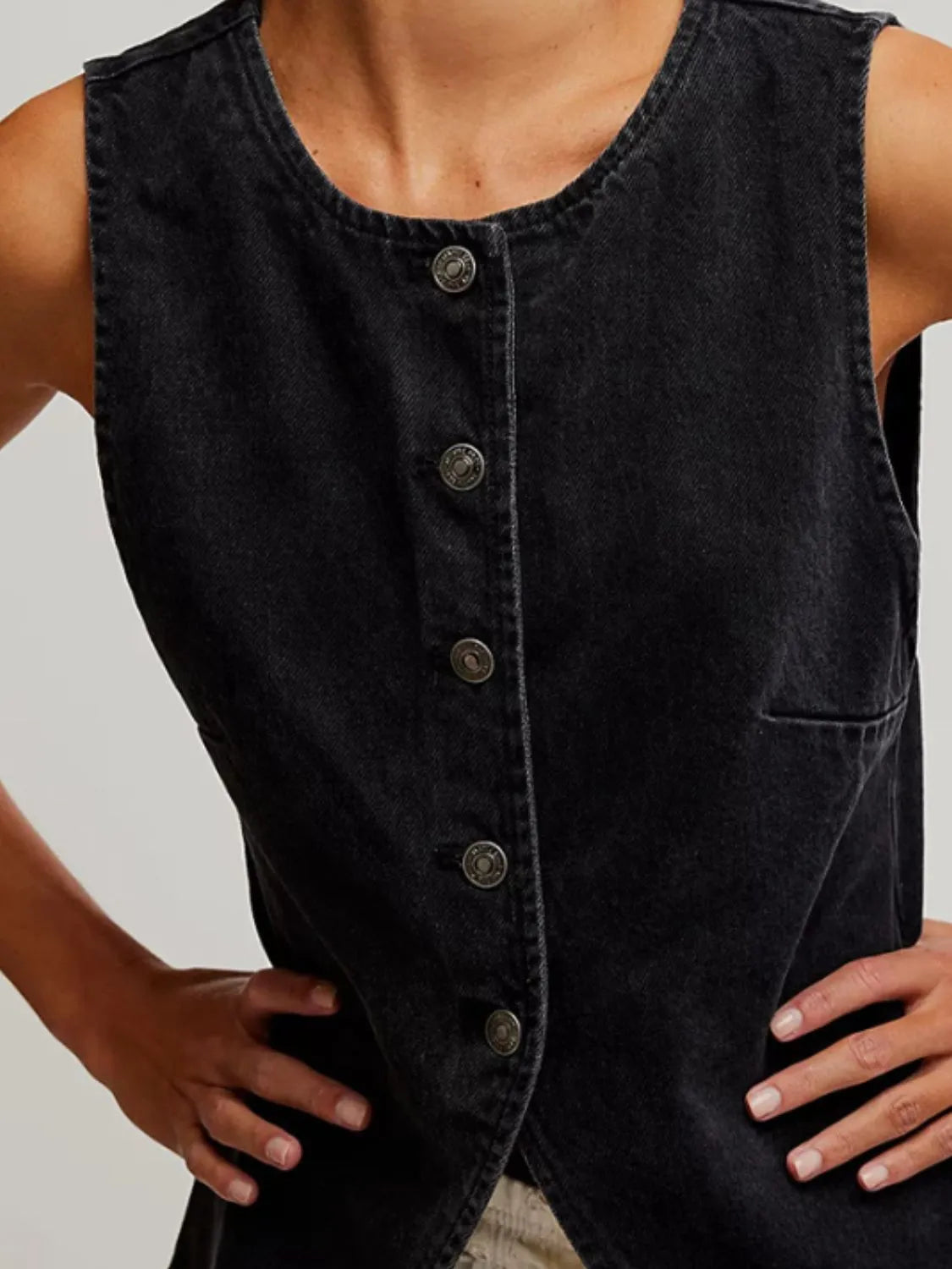 Button Down Round Neck Denim Vest Carauana Store