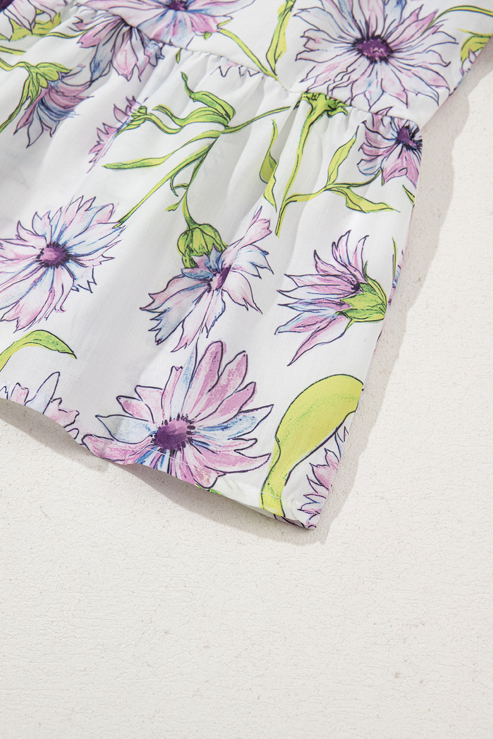 Purple Floral Print Striped Detail Split Neck Flounce Short Sleeve Peplum Blouse