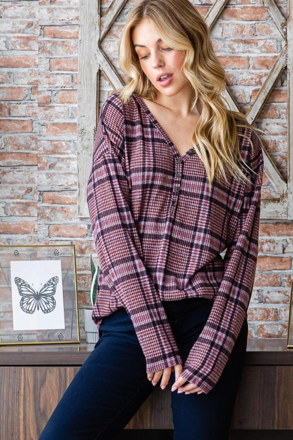 Heimish Full Size Plaid V-Neck Long Sleeve Top Carauana Store