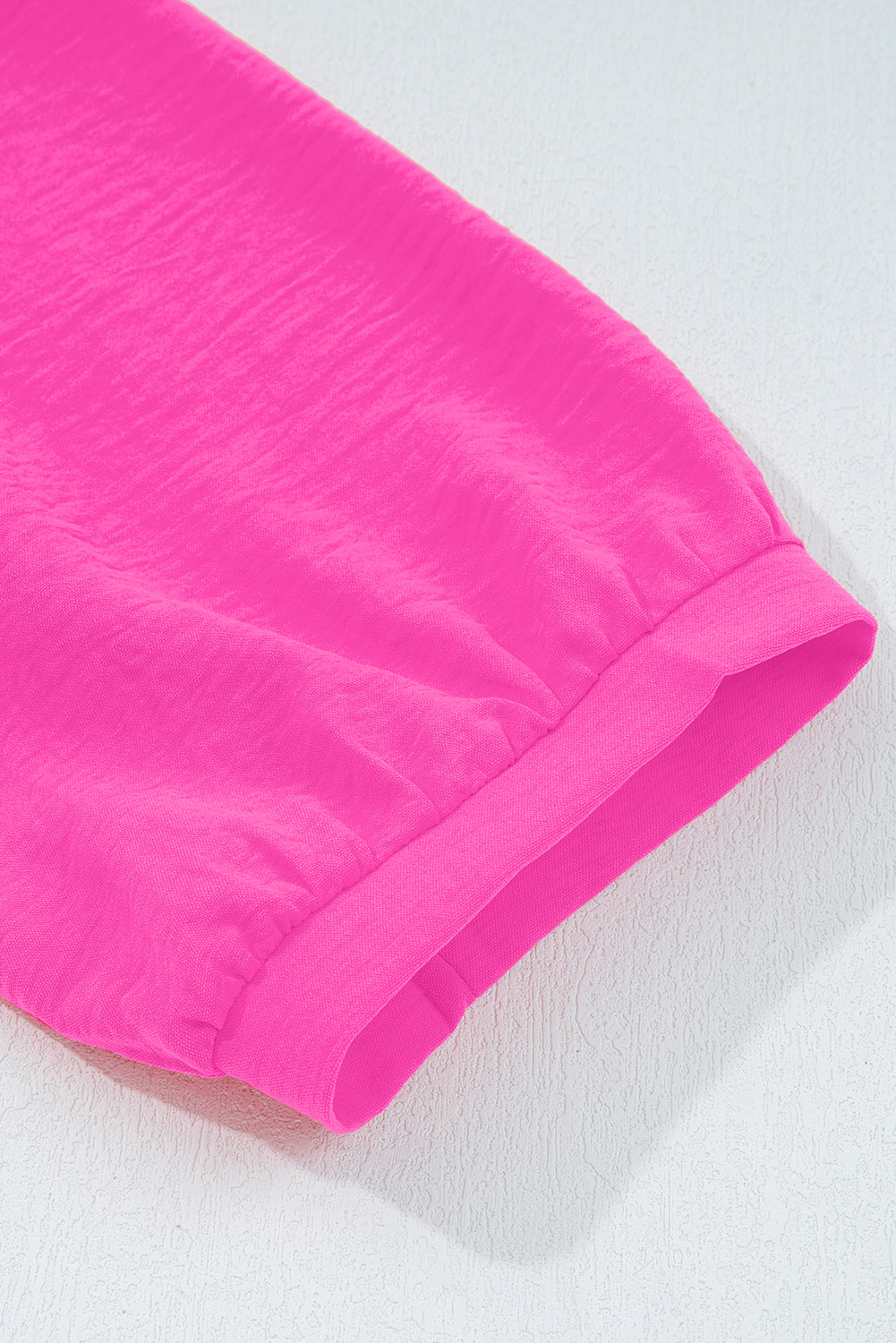 Bright Pink Frilled V Neckline Bracelet Sleeve Crinkled Blouse