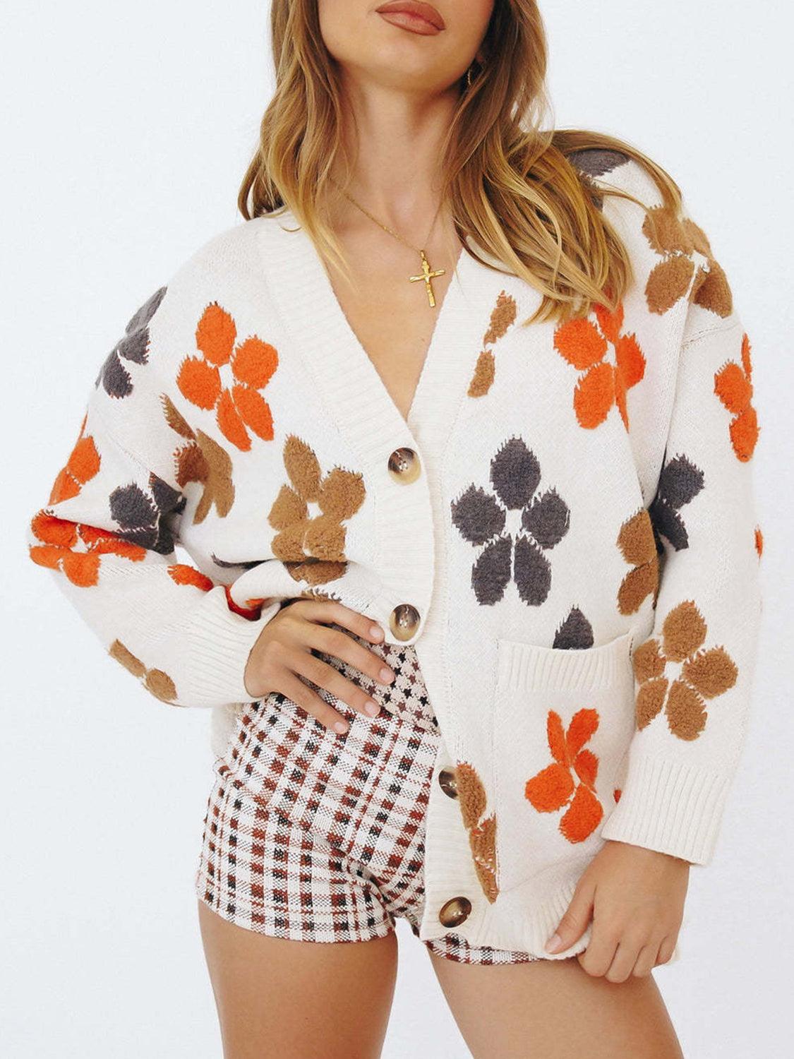 Floral V-Neck Button Up Long Sleeve Cardigan Carauana Store