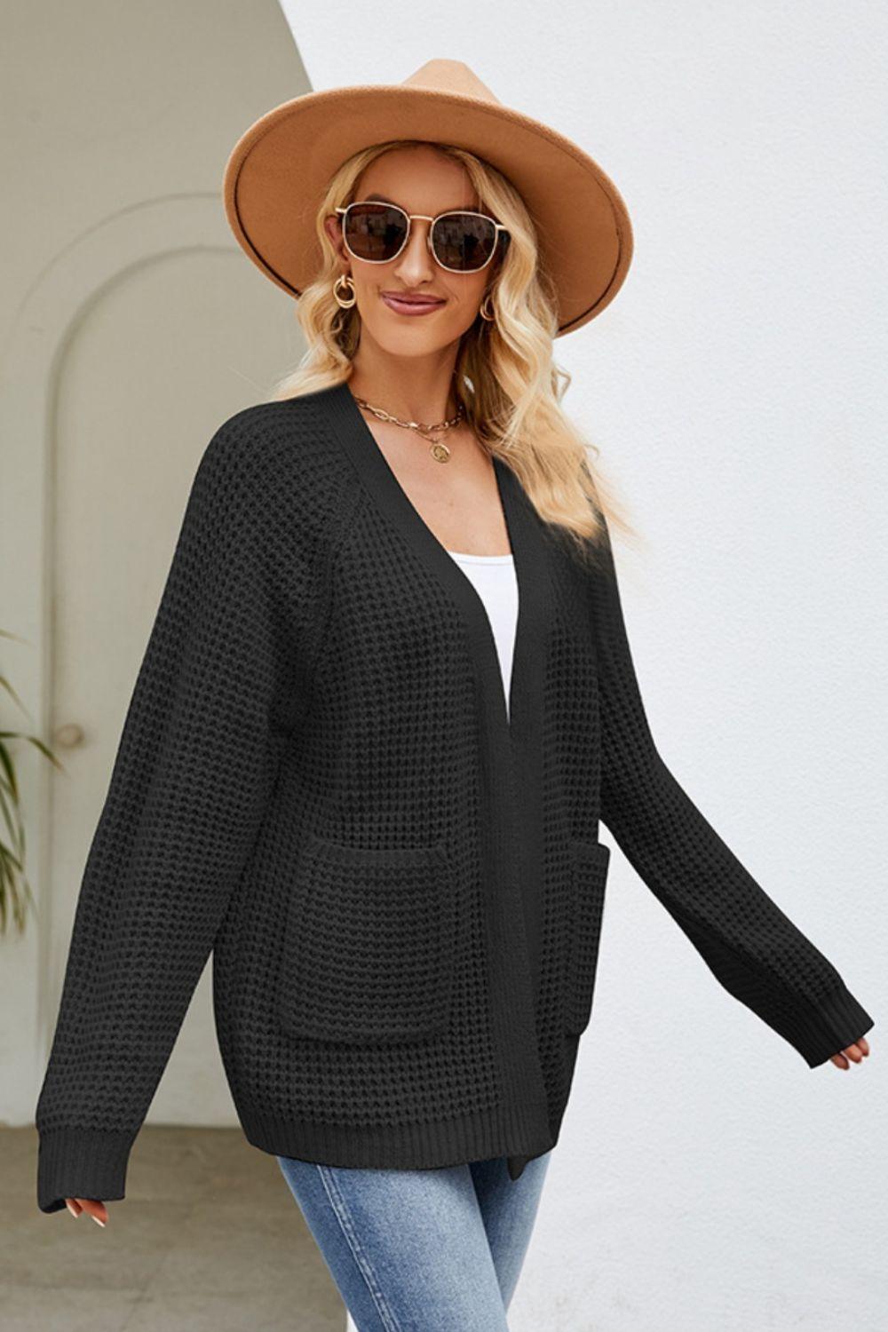 Open Front Raglan Sleeve Pocketed Cardigan Carauana Store