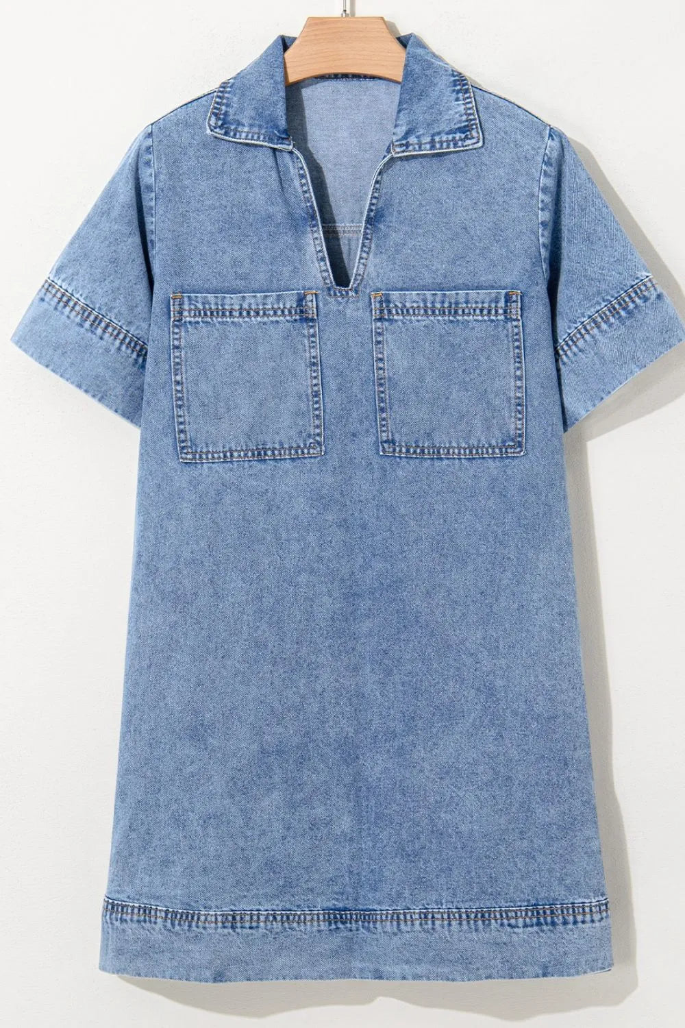 Short Sleeve Collared Patched Pocket Denim Mini Dress Carauana Store