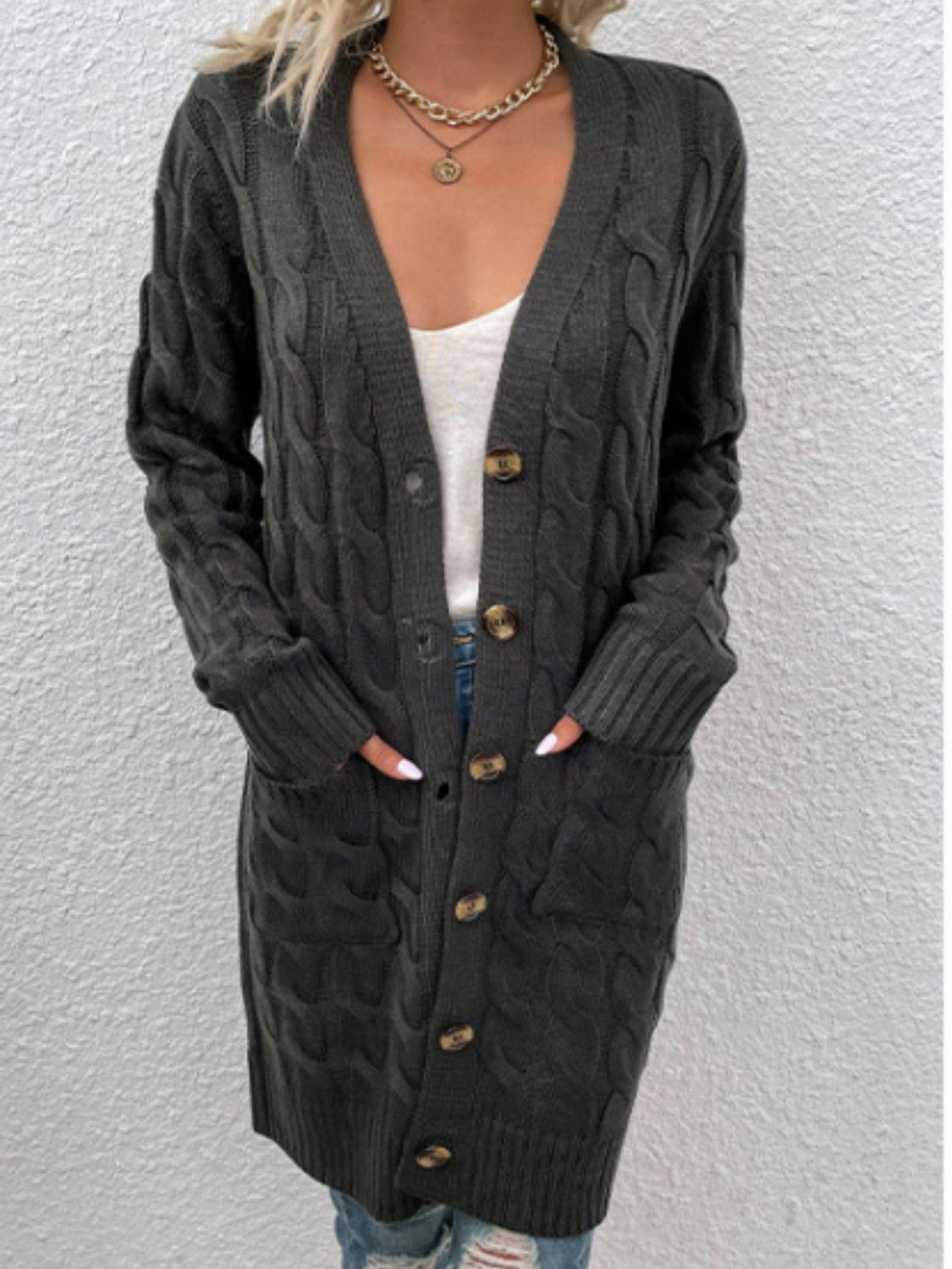 Cable-Knit Button Down Cardigan with Pockets Carauana Store
