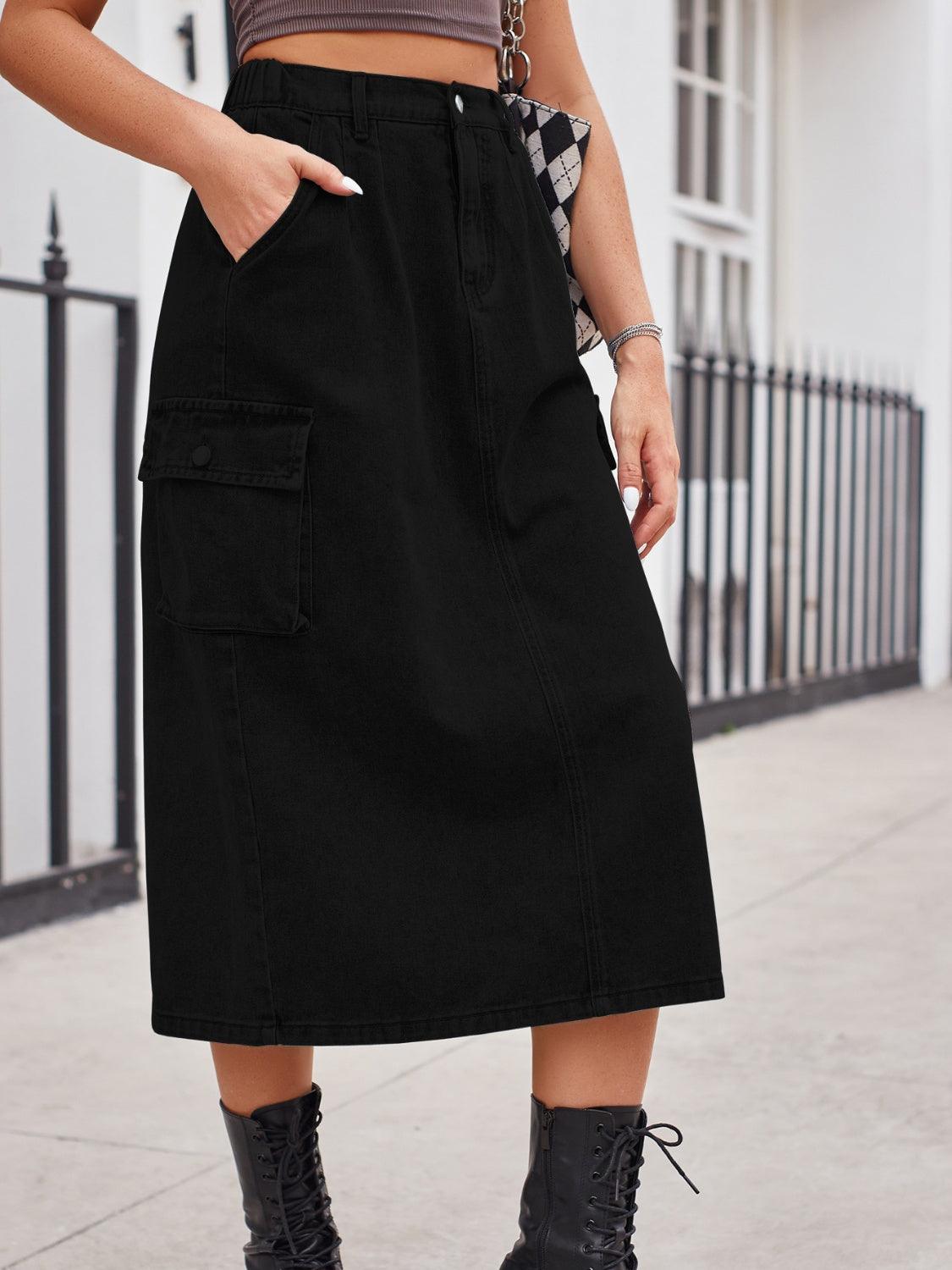 Slit Buttoned Denim Skirt with Pockets Carauana Store