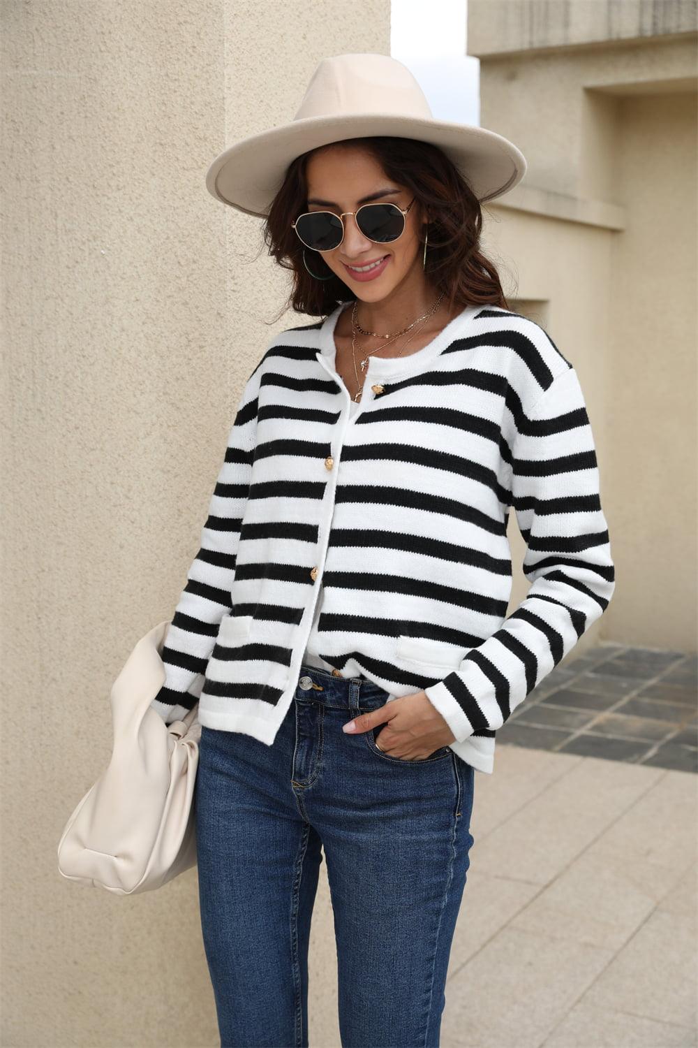 Angel Wings Striped Round Neck Button-Down Dropped Shoulder Cardigan Carauana Store