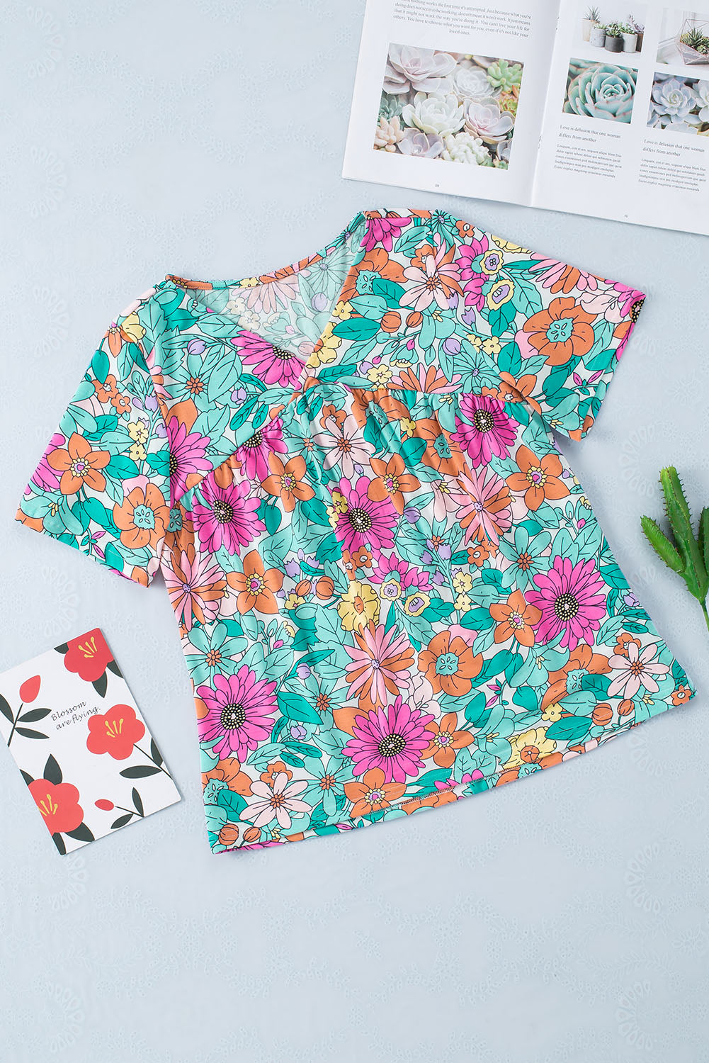 Multicolor Floral Print Short Sleeve Babydoll Blouse